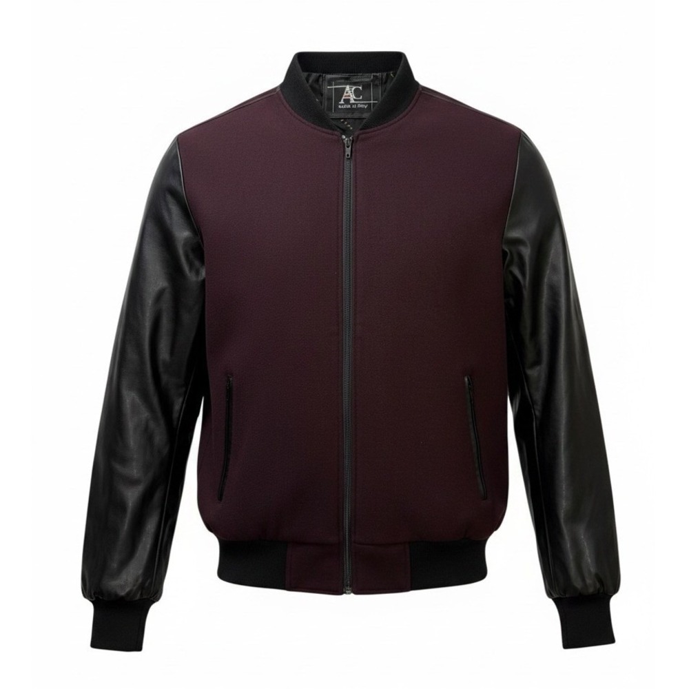 AC Made in Italy Mens XXL Burgundy Wool Blend Varsity Jacket Black Leather Arm